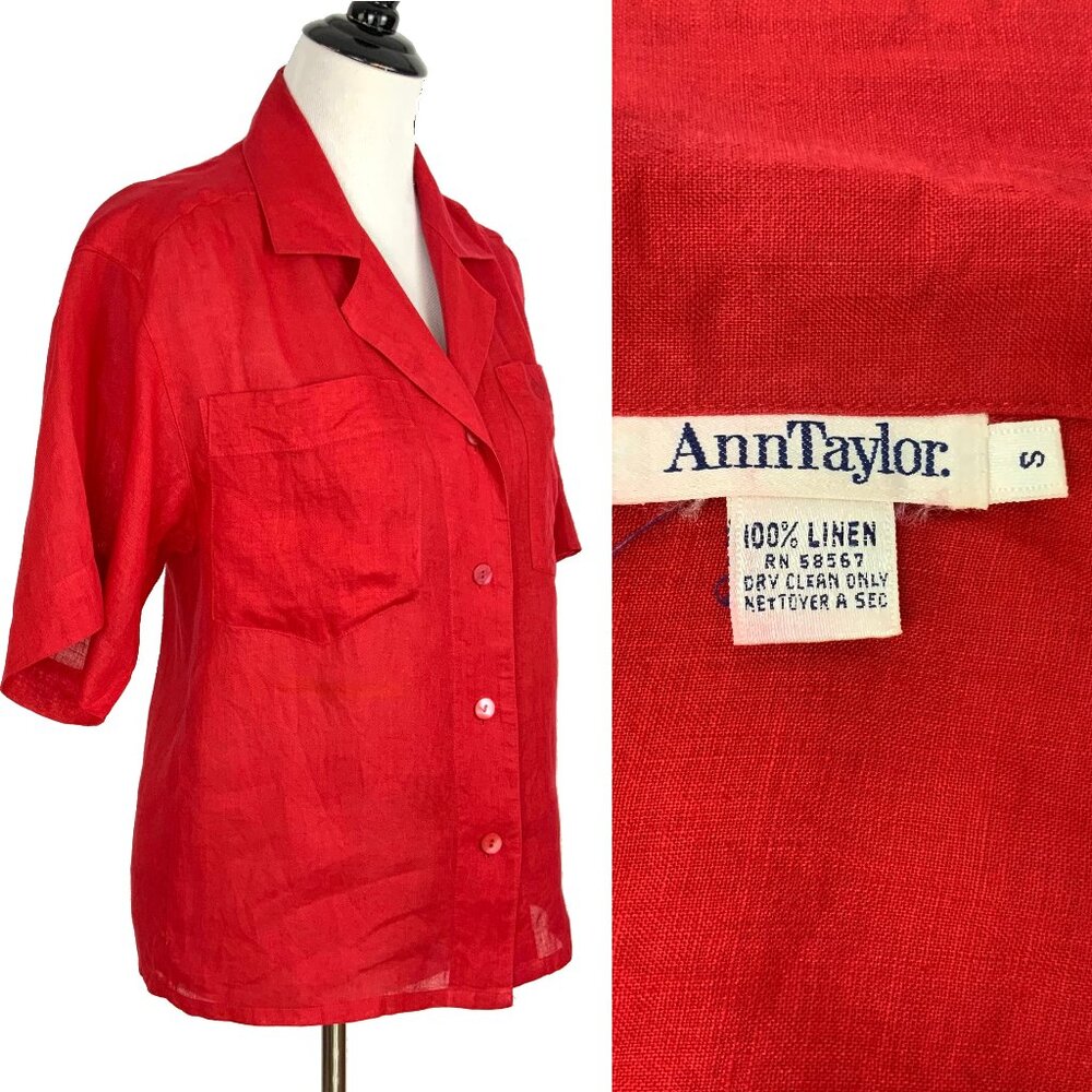 Vintage 90s Ann Taylor 100% Linen Red Button Up Shirt Small - Picture 2 of 16